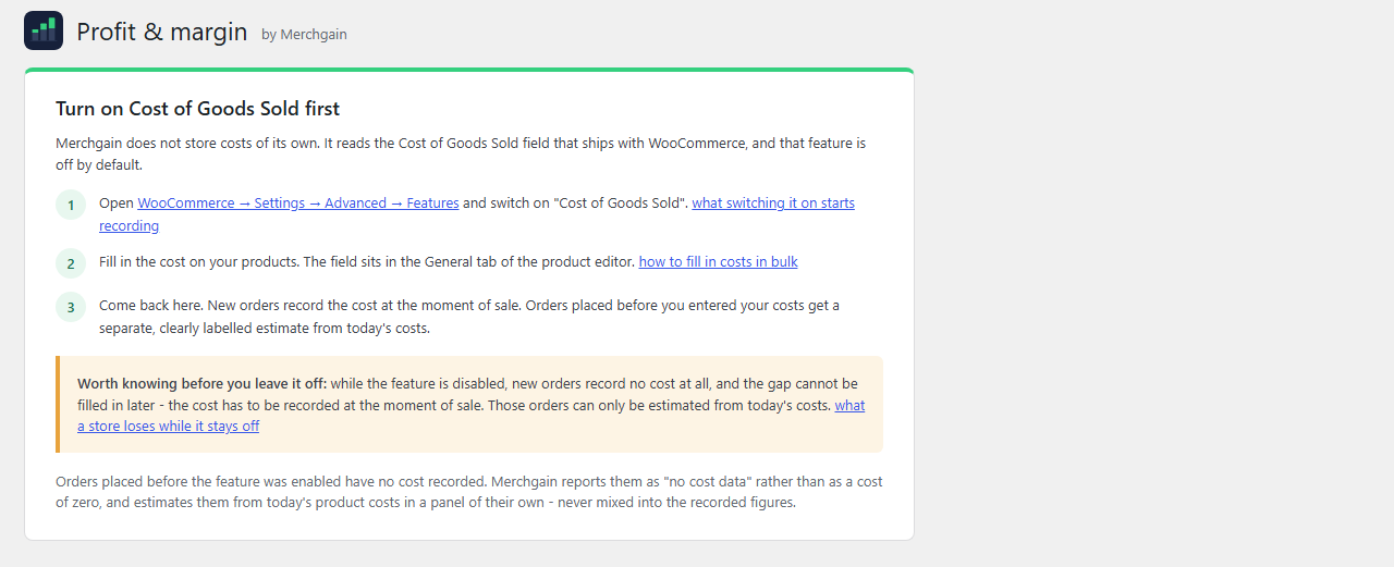 The Merchgain onboarding screen shown when the Cost of Goods Sold feature is off